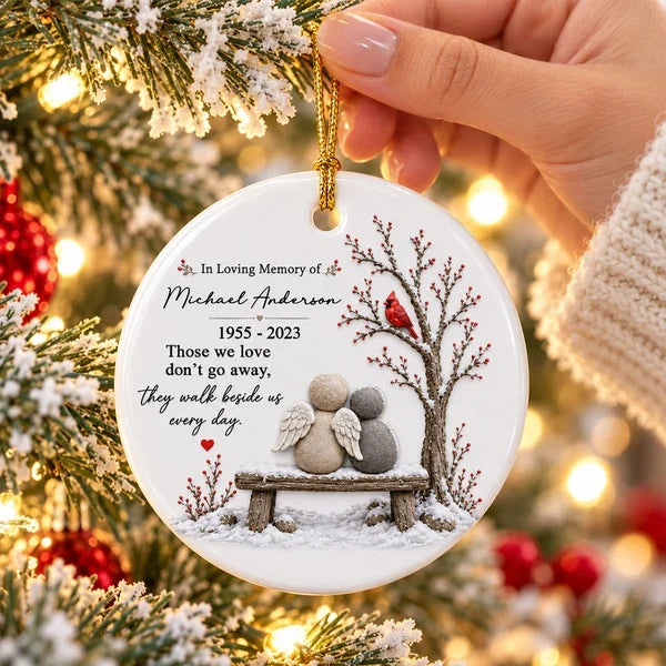 Personalized Ceramic Ornament with Angels on a Snowy Bench and Cardinal, Unique Memorial Gift for Family