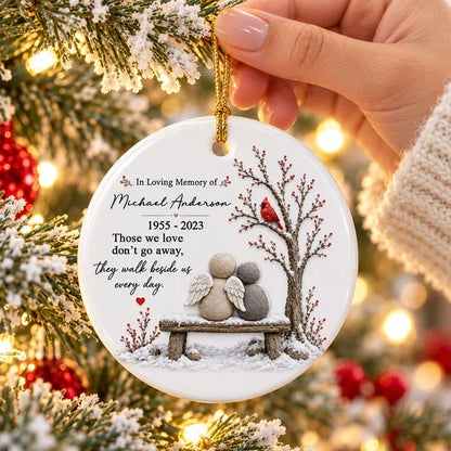 Personalized Ceramic Ornament with Angels on a Snowy Bench and Cardinal, Unique Memorial Gift for Family