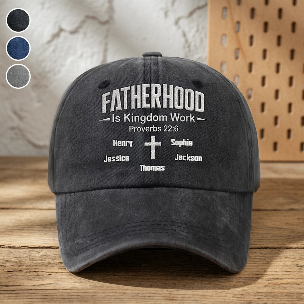 Personalized Washed Denim Baseball Cap, Fatherhood Is Kingdom Work, Unique Gift for Dad