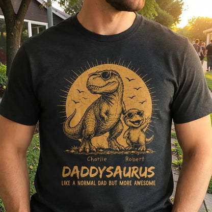 Personalized Funny Daddysaurus Classic Tee, Vintage Yellow Sunglasses Dinosaur Art, Creative Gift For Husband
