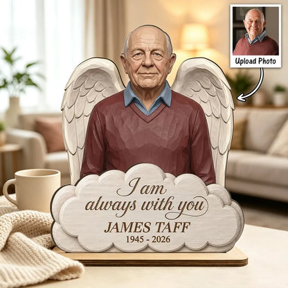 Personalized Wooden Plaque with Custom Memorial Portrait and Angel Wings, Unique Sympathy Gift for Family