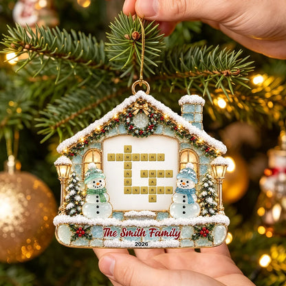 Personalized Acrylic Ornament, Family Name Crossword with Snowmen by a Snowy Cottage, Unique Gift for Family