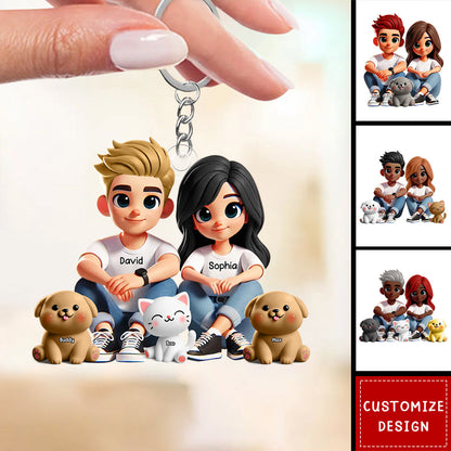 Personalized Acrylic Keychain – Cute Couple Cartoon Keychain with Names and Pet, Perfect Gift for Couples, Custom Love Keepsake for Family and Relationship Celebrations