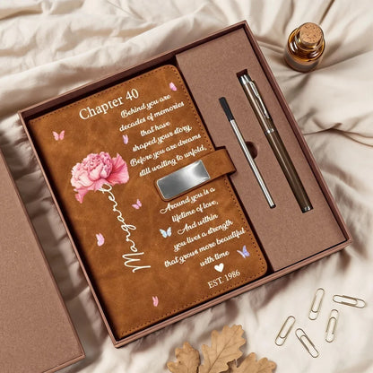 Personalized Metal Buckle Notebook Set, Brown Floral Chapter Design, Unique Birthday Gift for Women