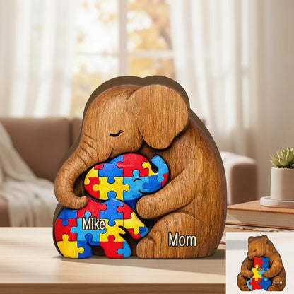 Thick Wooden Plaque, Custom Autism Mother Elephant Bear Hugging Child, Colorful Puzzle Keepsake, Unique Gift for Kids