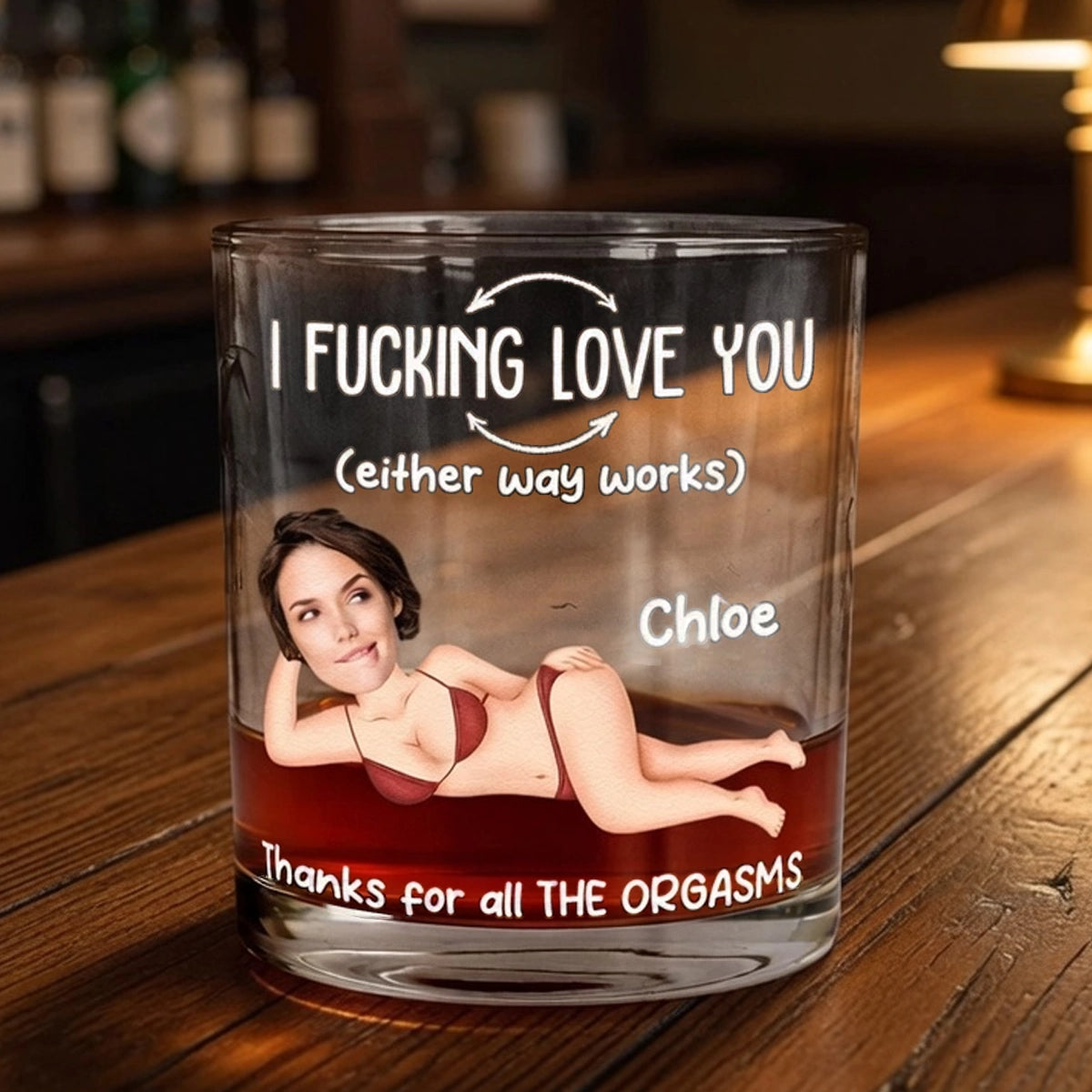 Personalized Whiskey Glass with Reclining Portrait and Funny Love Quote, Unique Gift for Husband