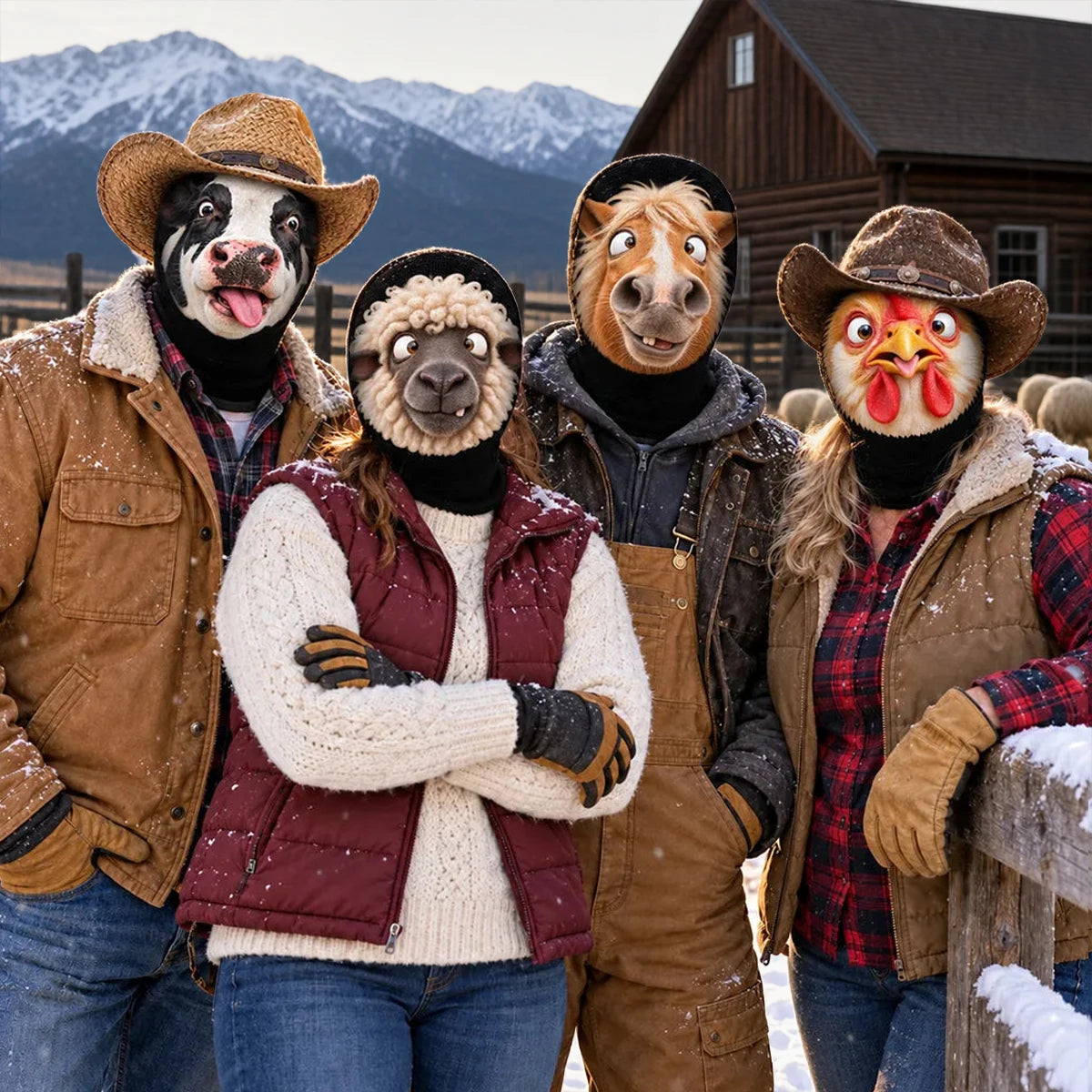 Funny Farm Animal Mesh Print Balaclava Hat, Personalized Posing Crew in Snow, Creative Gift for Friends