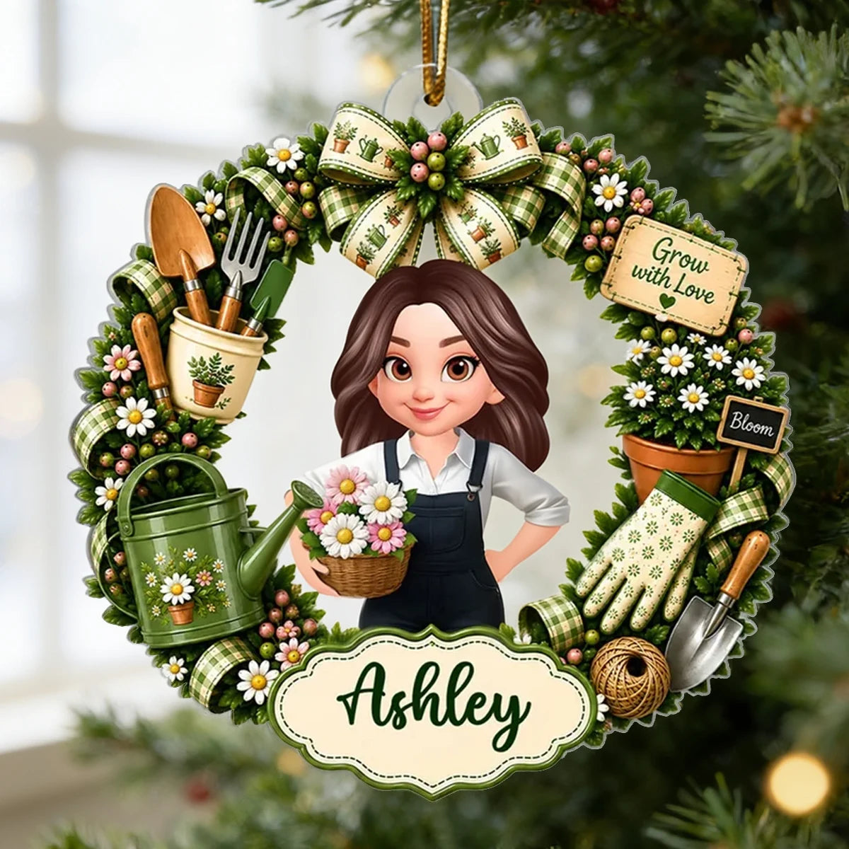Grow with Love Personalized Acrylic Ornament, Cute Green Floral Design, Creative Gift for Women Who Garden