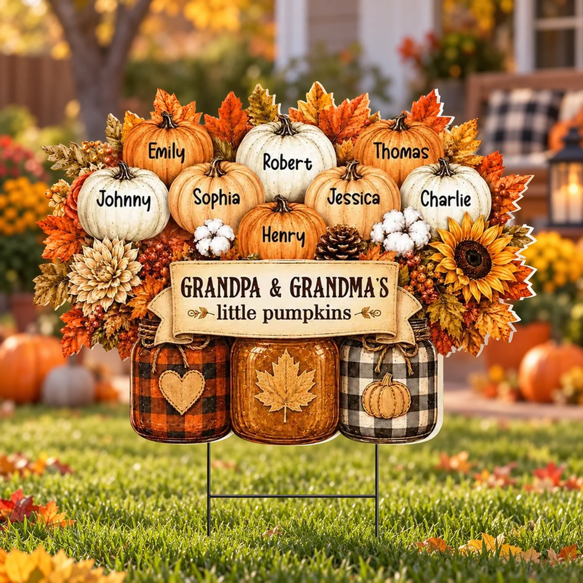 Grandpa & Grandma's Little Pumpkins Shaped Yard Sign, Personalized Fall Display, Creative Family Gift