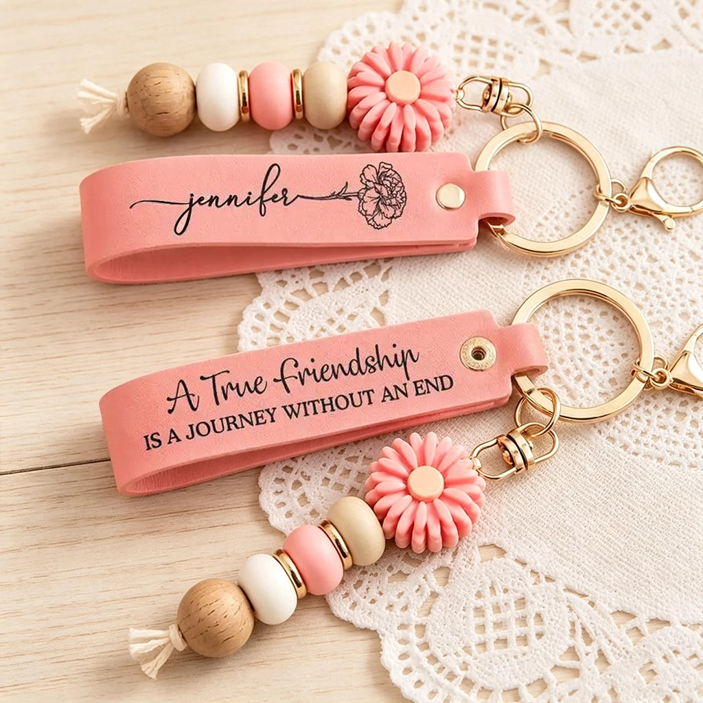 PU Leather Daisy Keychain, Friendship Quote & Pastel Beads, Unique Gift for Friend