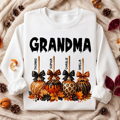 Personalized Grandma Classic Tee, Halloween Caramel Apple Design, Unique Gift for Grandma