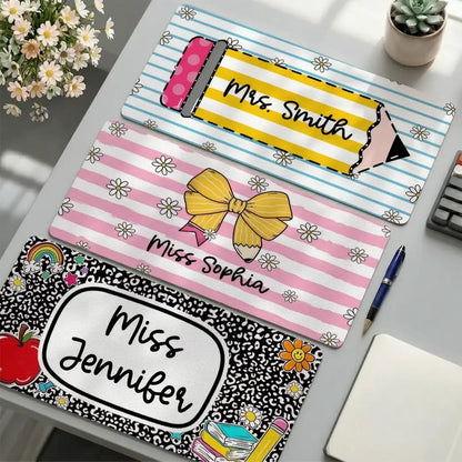 Personalized Leather Desk Mat with Pencil & Daisy Design, Unique Creative Teacher Gift for Classroom Desk