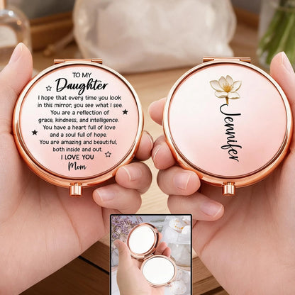 Personalized Metal Compact Mirror, Blush Floral Daughter Keepsake, Unique Gift from Mom