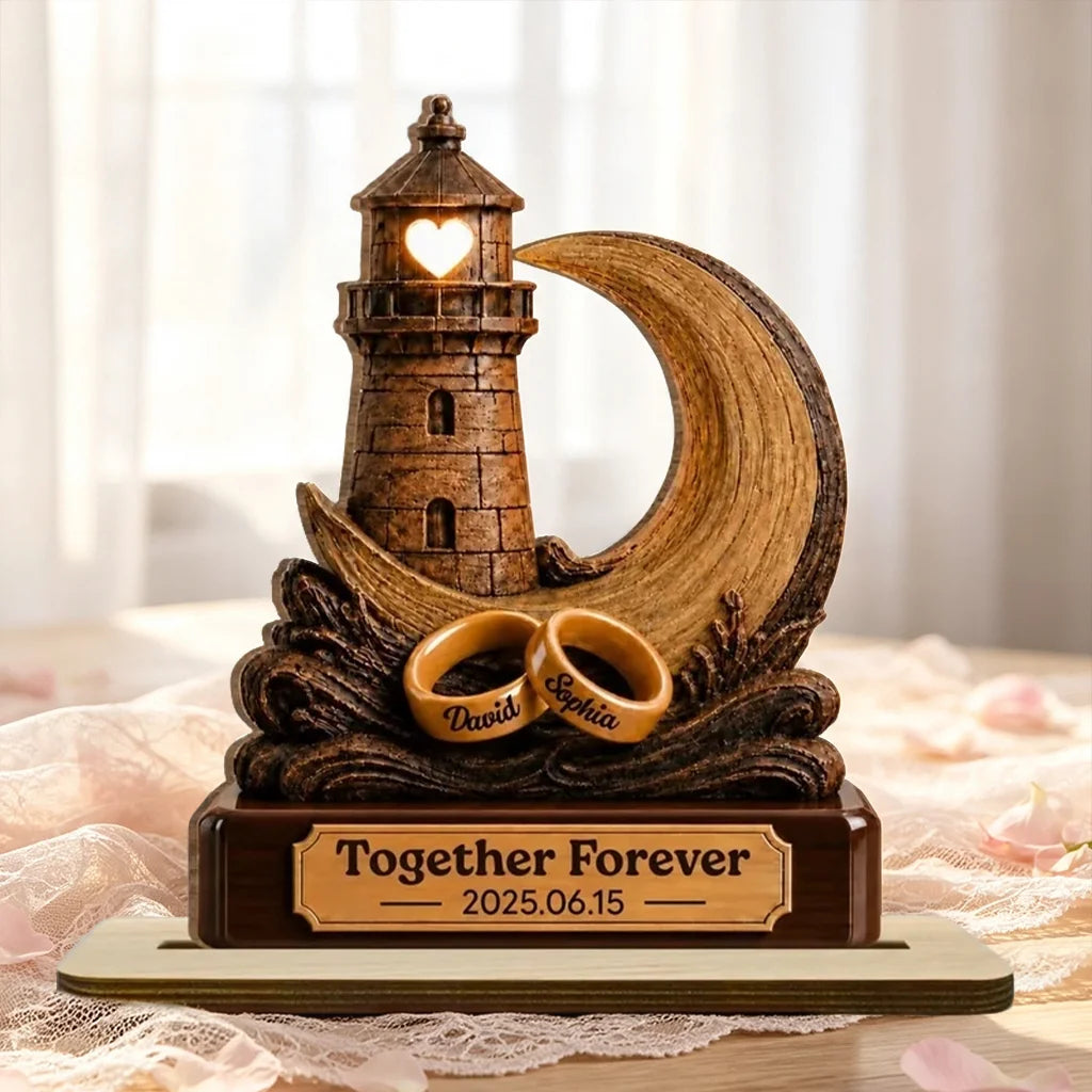 Personalized Wooden Plaque With Lighthouse, Crescent Moon & Rings, Unique Creative Gift for Couple