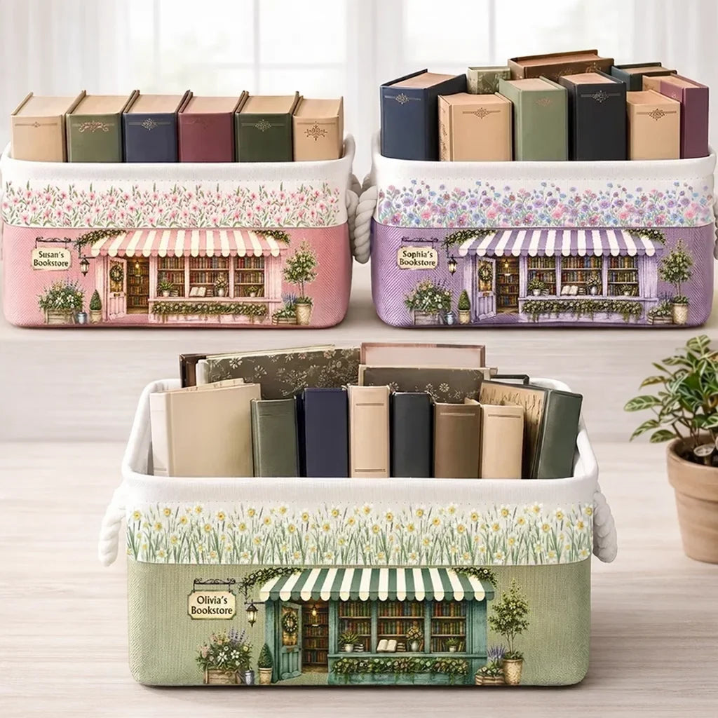 Cotton Linen Rope Basket, Personalized Pastel Bookstore Scene, Creative Gift for Readers and Home Organizers