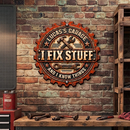 Personalized Wooden Sign, Vintage Gear Garage Workshop Decor, Unique Gift for a Handyman