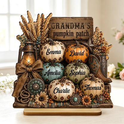 Personalized 2-Layer Wooden Plaque, Grandma's Leopard Pumpkin Patch Fall Decor, Unique Gift for Grandma