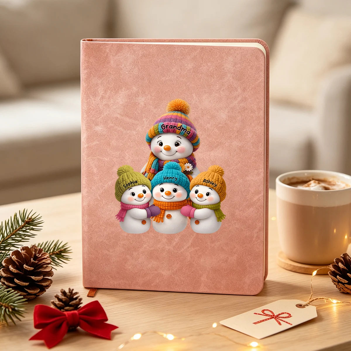 Personalized Mug with Colorful Snowman Family Gathered Together, Christmas Scene, Unique Gift for Grandma