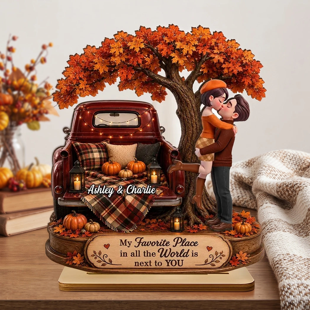 Personalized 2-Layer Wooden Plaque, Kissing Couple by Vintage Truck in Autumn, Unique Gift for Partner