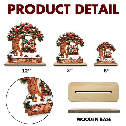 Personalized 2-Layer Wooden Plaque, Christmas Gnome Couple on Snowy Tree Swing, Unique Gift for Couples