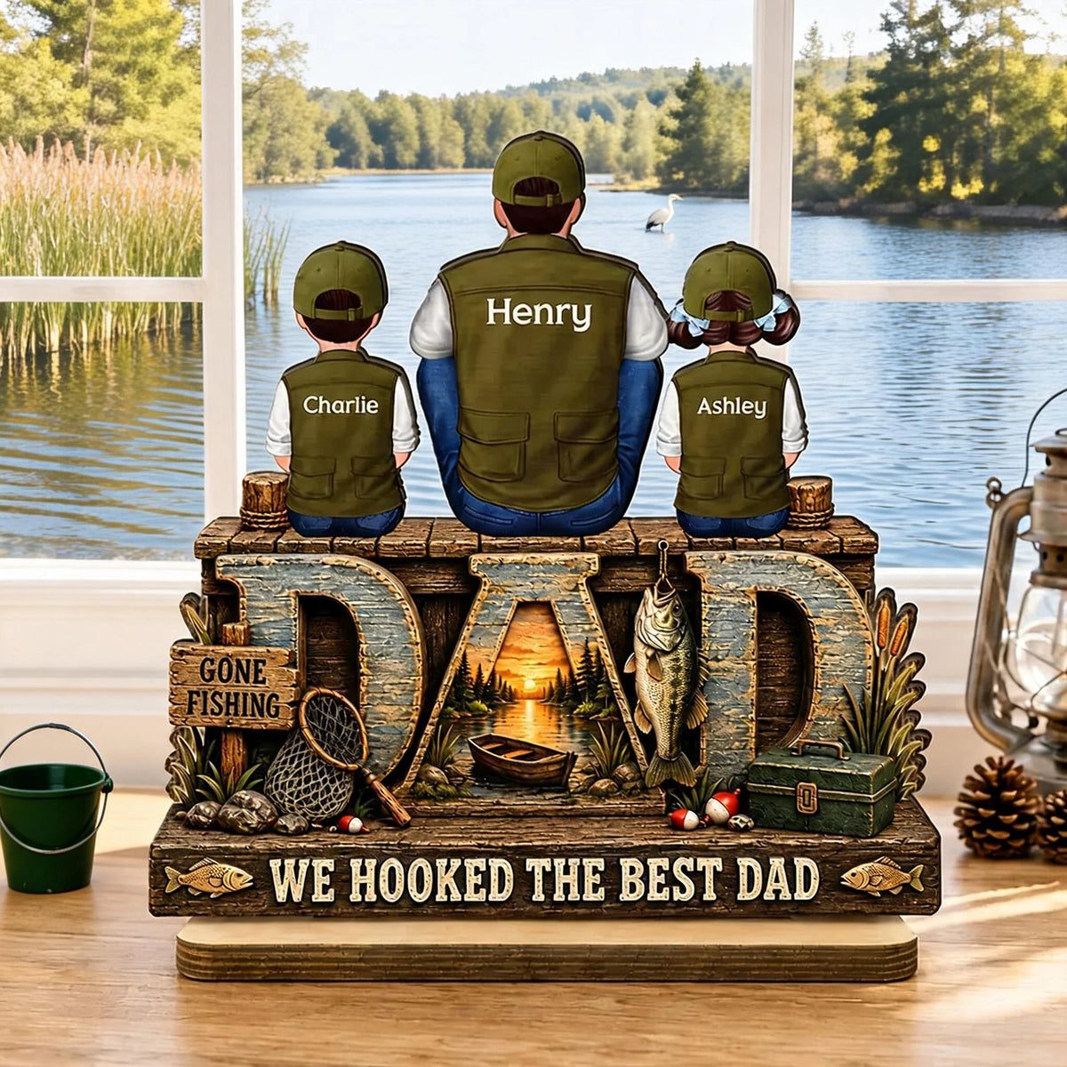 Personalized Layered Wooden Plaque For Fishing Dad, Family Sitting By The Lake, Unique Gift