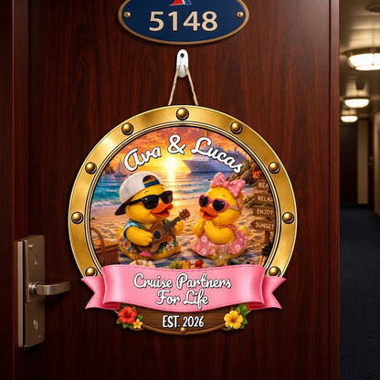 Personalized Ukulele Duck Couple Wooden Sign, Sunset Beach Cruise Door Decor, Unique Gift For Couples