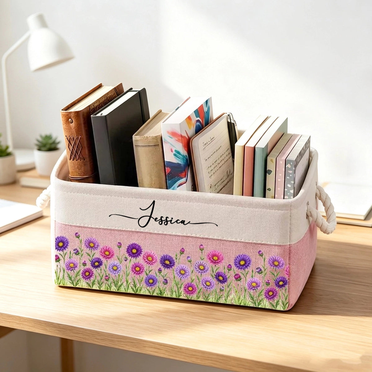 Cotton Linen Rope Basket With Soft Floral Garden Art, Unique Personalized Creative Gift For A Loved One