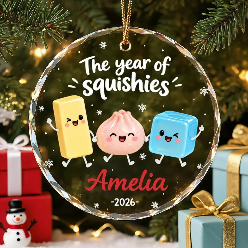 Personalized Crystal Ornament, Cute Squishy Characters Holding Hands, Unique Christmas Gift for Kids
