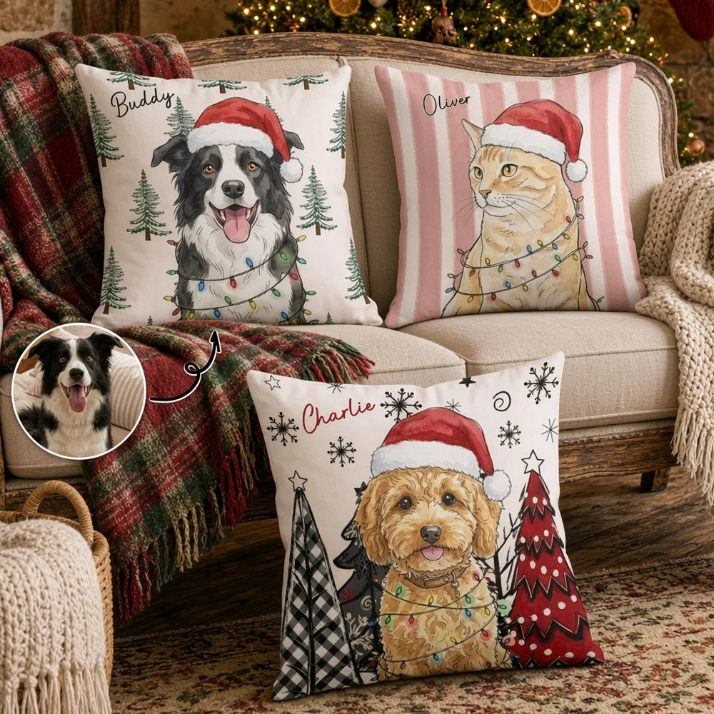 Personalized Square Pillow with Watercolor Pet Portrait, Santa Hat and Lights, Unique Christmas Gift for Pet Owners