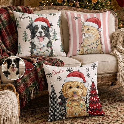 Personalized Square Pillow with Watercolor Pet Portrait, Santa Hat and Lights, Unique Christmas Gift for Pet Owners