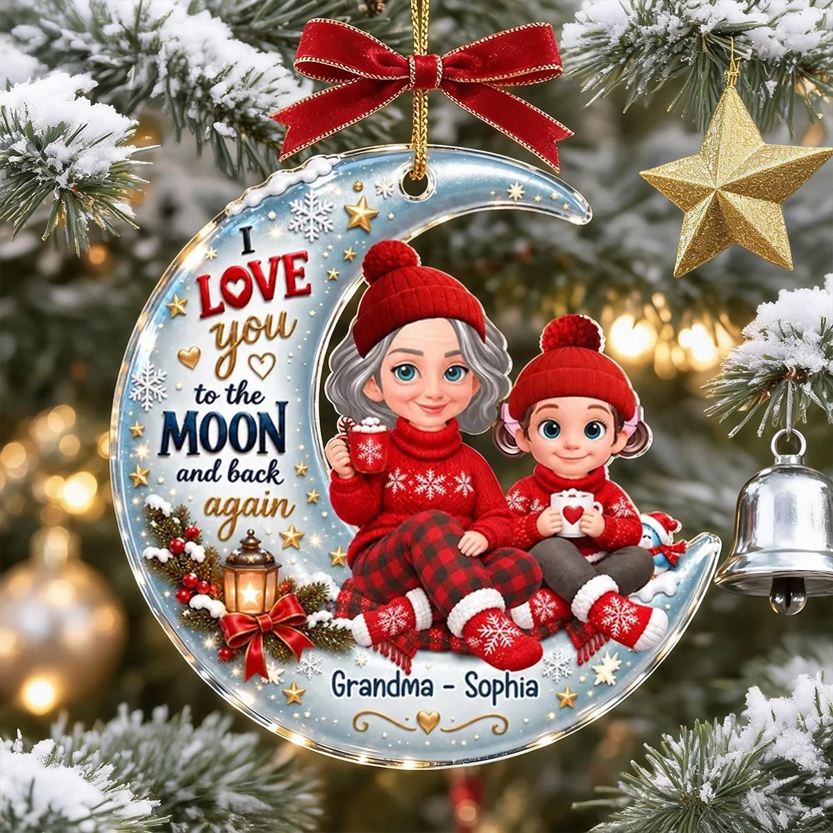 Personalized Acrylic Ornament, Grandma and Grandchild Sitting on Moon, Unique Christmas Gift for Grandma