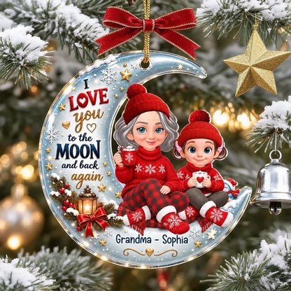 Personalized Acrylic Ornament, Grandma and Grandchild Sitting on Moon, Unique Christmas Gift for Grandma