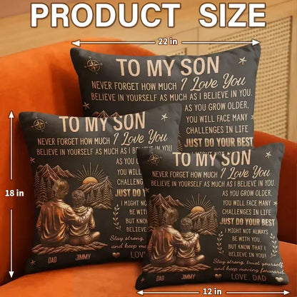 Personalized Square Pillow, Dad and Son Sitting by the Mountains, Creative Gift for Son with a Loving Message