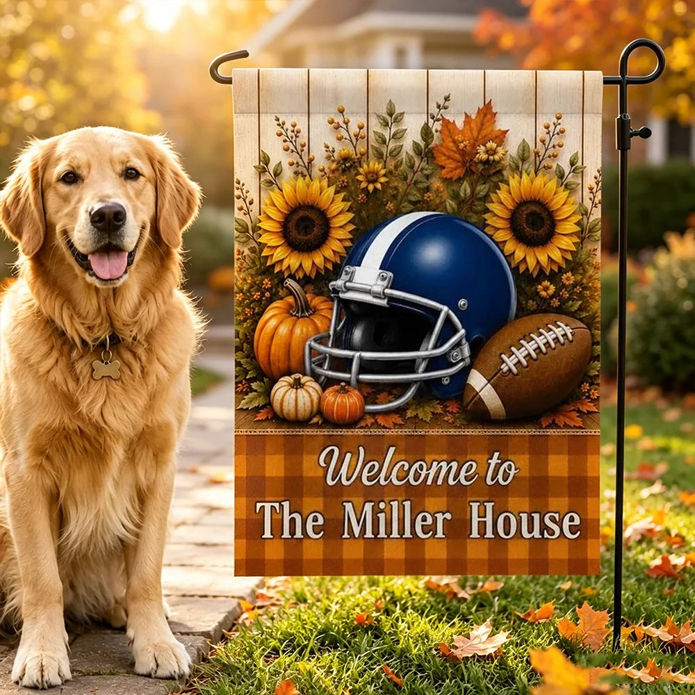 Personalized Garden Flag with Football Helmet, Pumpkins and Sunflowers, Unique Fall Gift for Family
