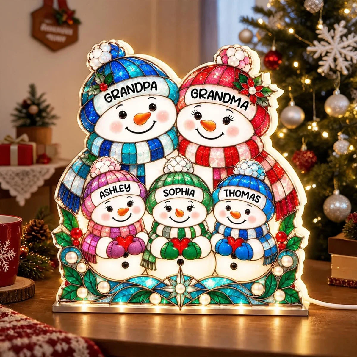 Personalized Gathered Snowman Family Acrylic Light Box, Colorful Christmas Decor, Unique Gift for Grandparents
