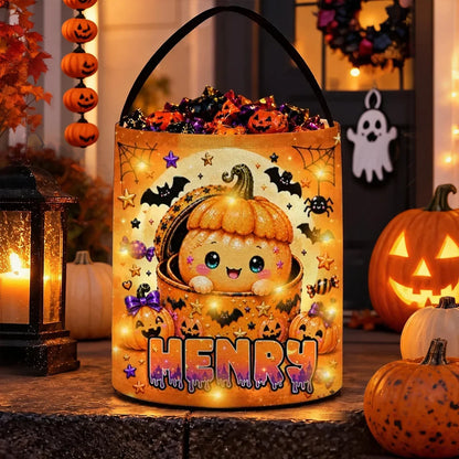 Personalized LED Light Up Fabric Basket, Cute Pumpkin Halloween Trick or Treat Bucket, Unique Gift for Kids
