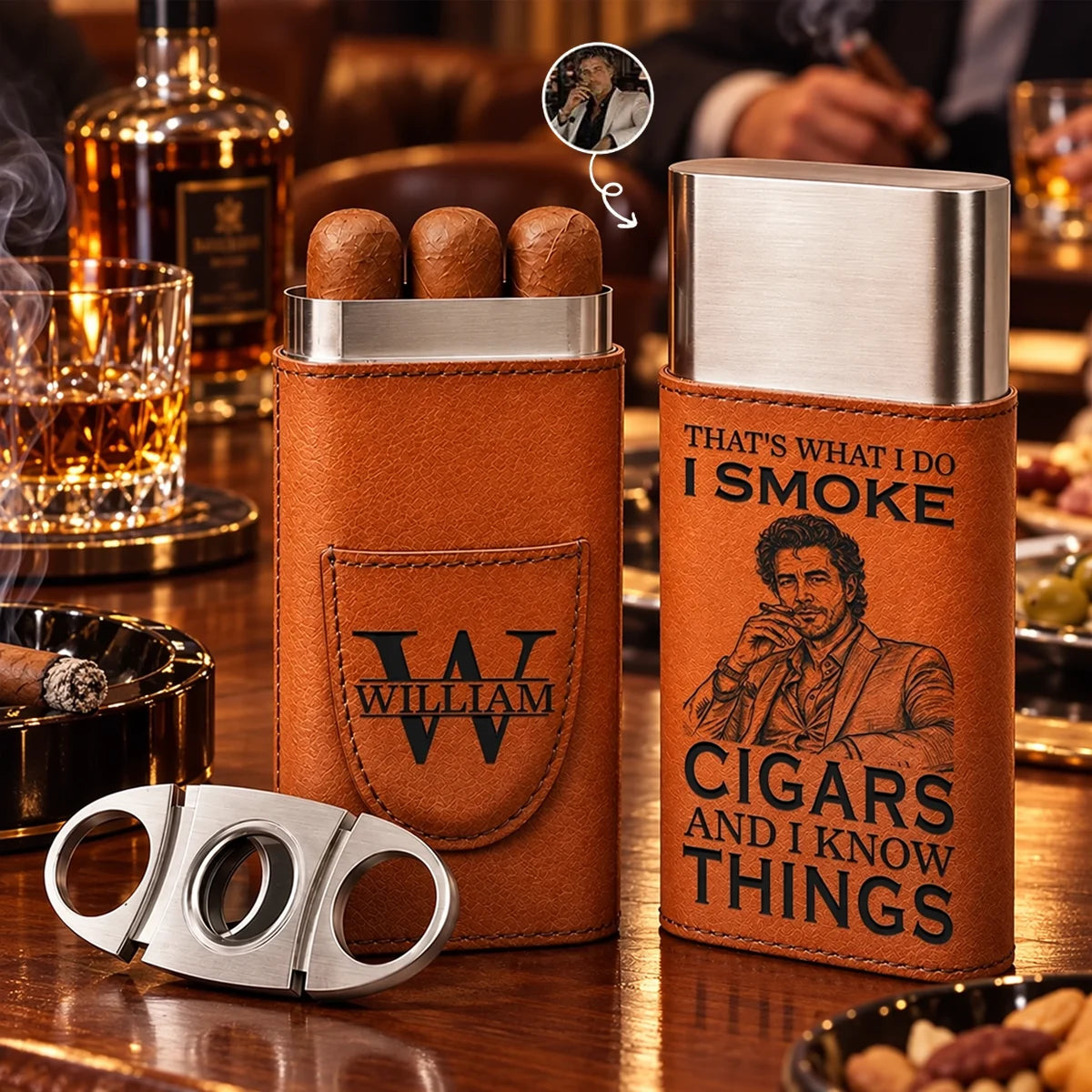 Personalized Cigar Case with Warm Brown Sketch of a Man Smoking, Creative Gift for Cigar Enthusiasts