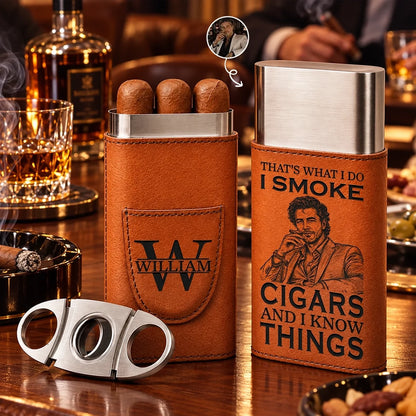 Personalized Cigar Case with Warm Brown Sketch of a Man Smoking, Creative Gift for Cigar Enthusiasts