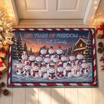 Personalized Snowman Family Doormat for America's 250th Anniversary, American Flag Christmas Decor