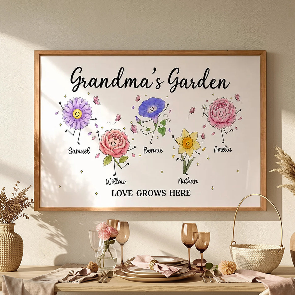 Personalized Grandma's Garden Canvas With Soft Floral Doodles, Unique Gift For Grandma & Home Decor