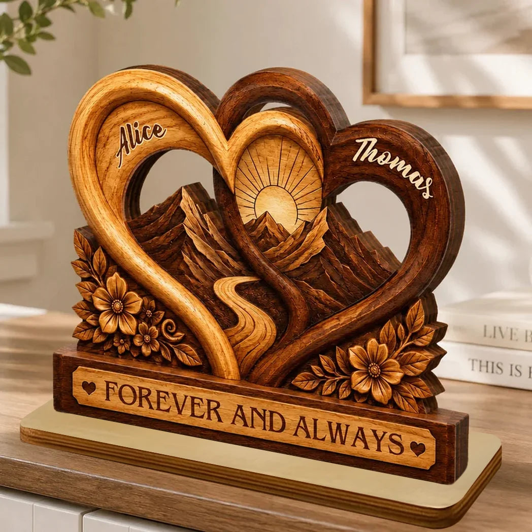 Personalized 2-Layer Wooden Plaque, Intertwined Hearts & Mountain Sunrise, Unique Gift for Couples