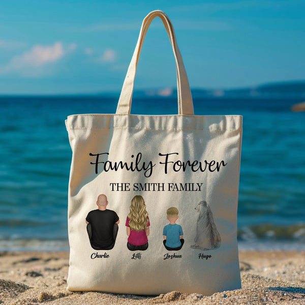 Family Forever Beach Design - Personalized Cotton Tote Bag, Wooden Carhanger, LED Plaque, Keychain, Poster, Wallet Card, and Pillow, Unique Gift