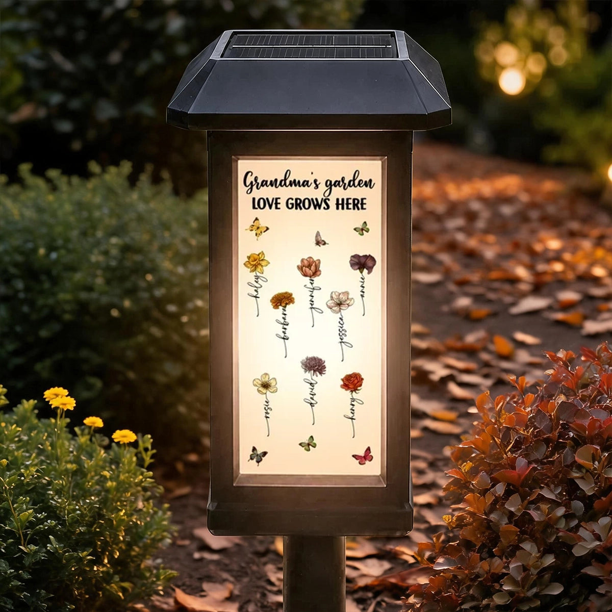 Personalized Solar Garden Stake Light, Warm Botanical Love Grows Here Design, Unique Gift for Grandma