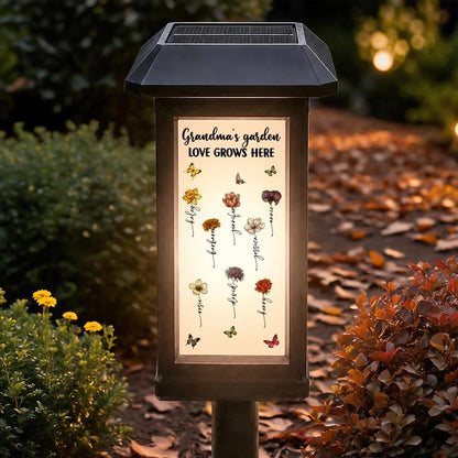 Personalized Solar Garden Stake Light, Warm Botanical Love Grows Here Design, Unique Gift for Grandma