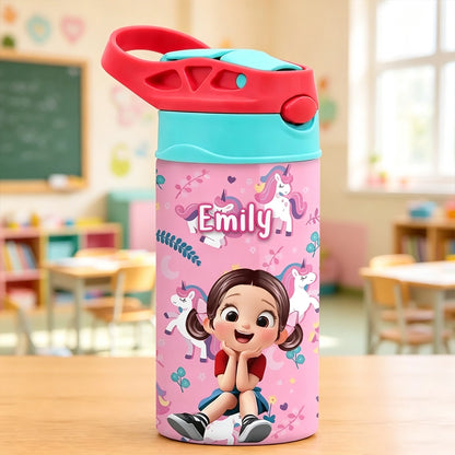Personalized Kids Water Bottle with Pink Unicorn Pattern, Unique Creative Gift for Daughter