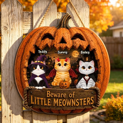 Personalized Halloween Wooden Sign with Costumed Cats, Moonlit Pumpkin Decor, Unique Gift for Cat Lovers