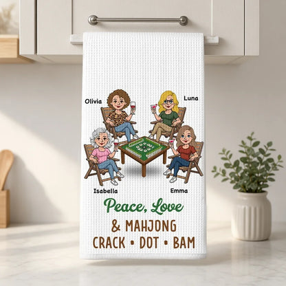 Personalized Kitchen Towel with Mahjong Friends Playing, Unique Gift for Game Night Decor