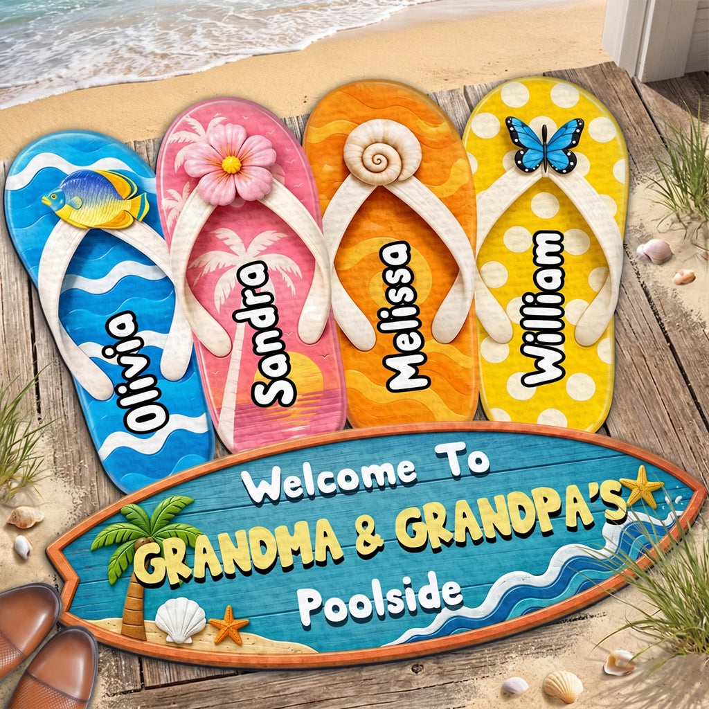 Shaped Doormat, Personalized Flip Flop Family Poolside Welcome, Unique Gift for Grandma & Grandpa
