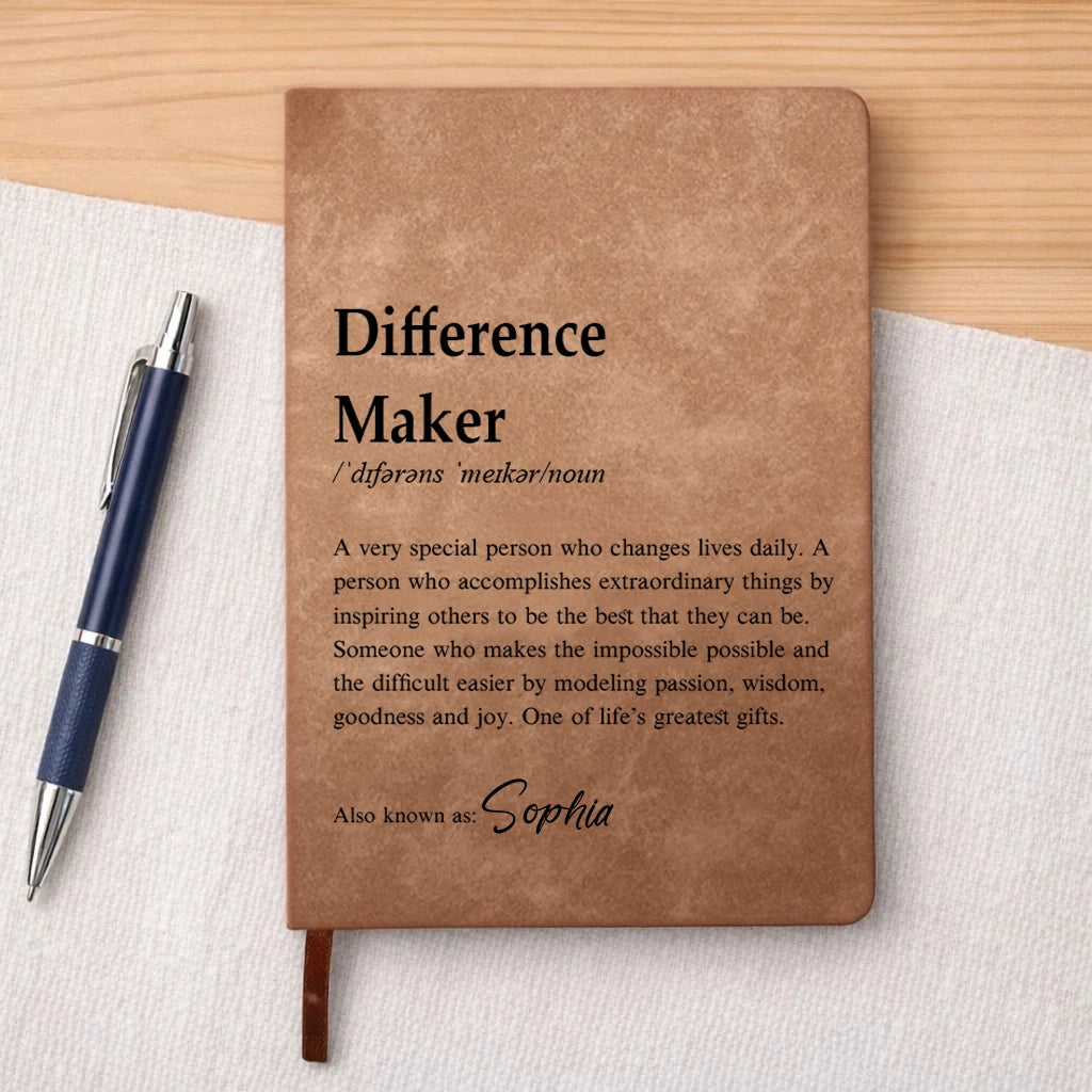 Personalized Leather Journal with Dictionary Style Difference Maker Quote, Unique Gift for Teacher or Mentor