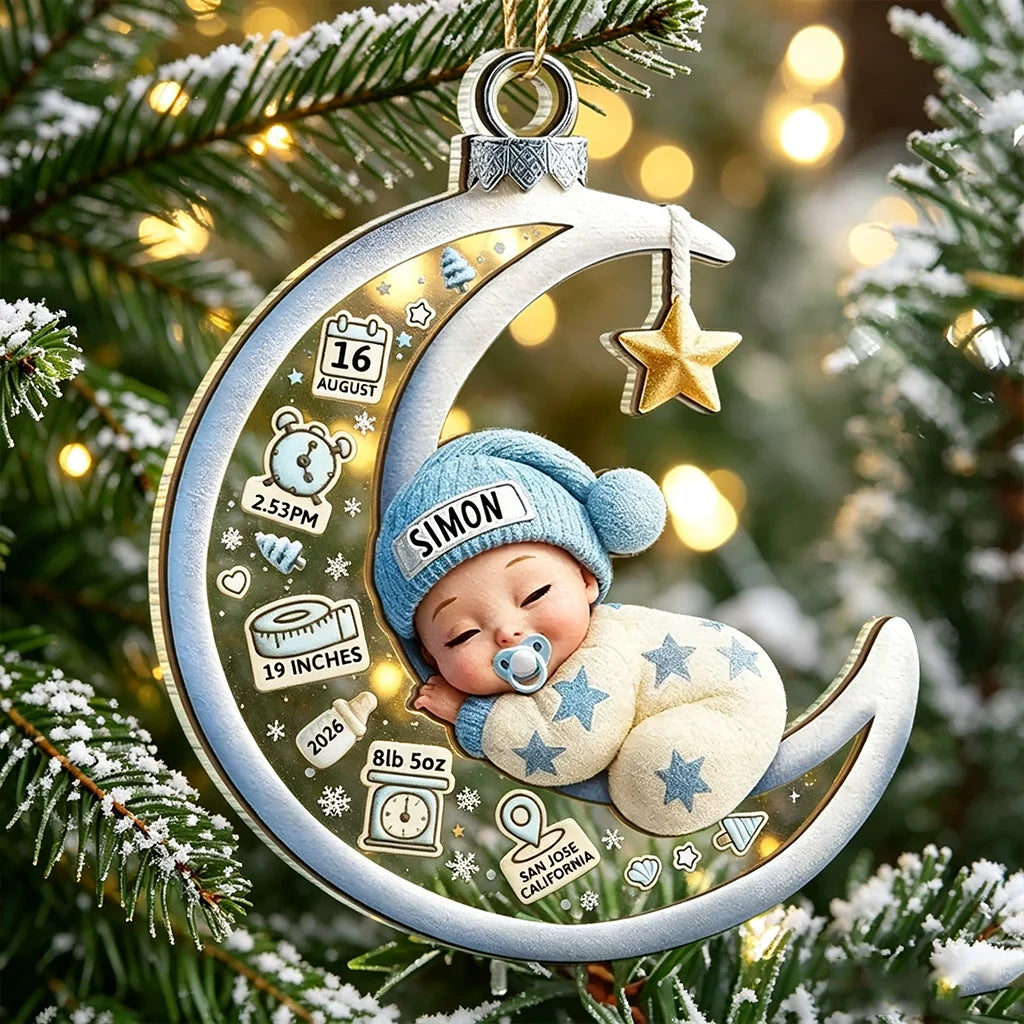 Personalized Layered Ornament, Sleeping Baby on Blue Crescent Moon, Unique Gift for New Parents